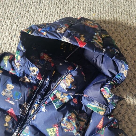 New Polo Bear Ralph Lauren Boy Water Repellent Navy Down Hood Pony Jacket - Picture 6 of 16